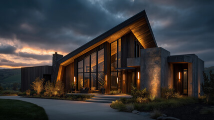 Fototapeta premium Architectural Grandeur at Twilight: A modern architectural marvel, bathed in the soft glow of twilight, showcases sleek lines, grand windows, and a captivating design, against a dramatic evening sky.