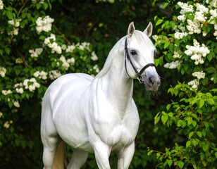 Obraz premium Majestic white horse amidst blooming spring trees