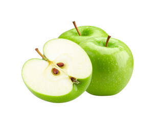 Fresh Green Apples Whole and Halved Showing Seeds and Stem Details.