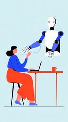 Person working at a table interacts with a robot.