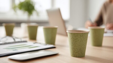 Green disposable cups on a light wooden table in an office.