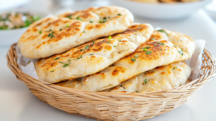A basket of freshly baked naan bread, golden brown and garnished with herbs, perfect for dipping and enjoying with meals.