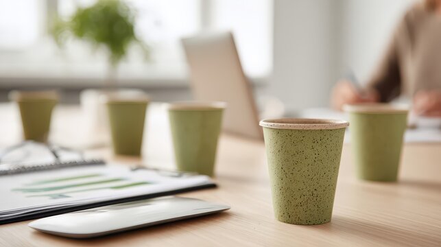 Green disposable cups on a light wooden table in an office. - Powered by Adobe