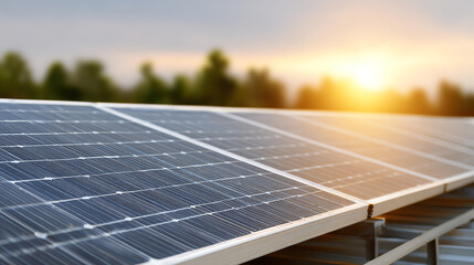 A close-up of solar panels basking in golden sunlight, showcasing renewable energy technology and sustainable practices.