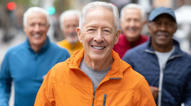 A cheerful elderly man leads a group of active seniors walking together in a city, promoting health and community spirit.