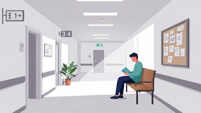 Patient Sitting Alone in a Waiting Room While Reading a Book in a Modern Healthcare Facility - Powered by Adobe