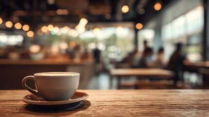 A cozy coffee cup placed on a wooden table, capturing the essence of a warm cafe atmosphere with soft lighting.