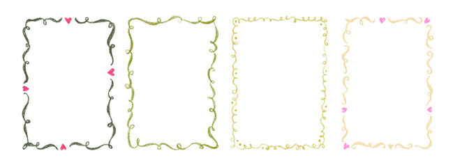 Crayon drawn green and pink doodle frame set. Rectangle shapes with wavy decorative lines. Whimsical wedding frames in elegant coquette style. Pencil texture funky hearts and wavy borders.