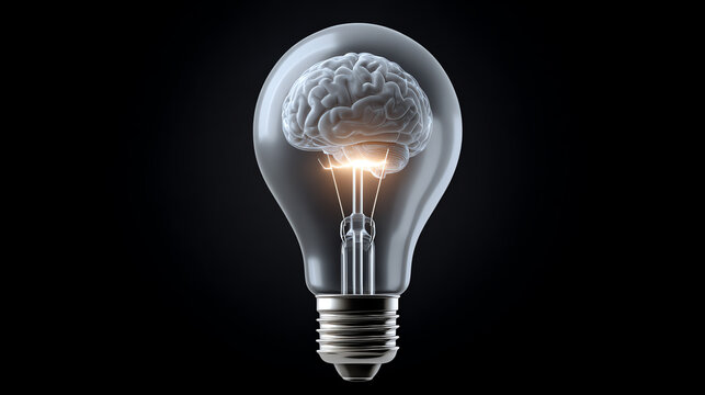 A creative light bulb design featuring a brain, symbolizing innovative ideas and intellectual enlightenment in a dark setting.
