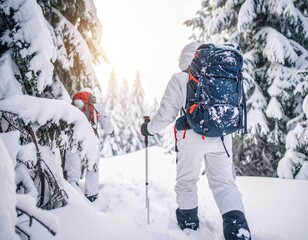 Hikers in snowy forest