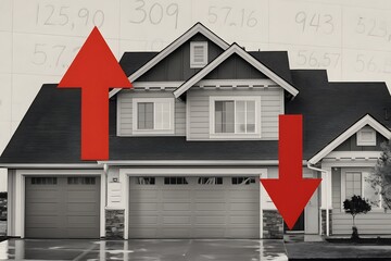 Real Estate Market Fluctuations Depicted with Arrows Over a Suburban House