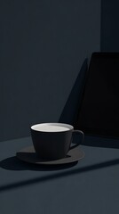 Dark-colored cup of liquid on a dark surface.