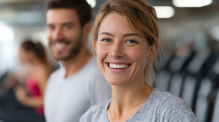 A happy young woman smiles at the gym, showcasing a healthy, active lifestyle alongside fitness enthusiasts.