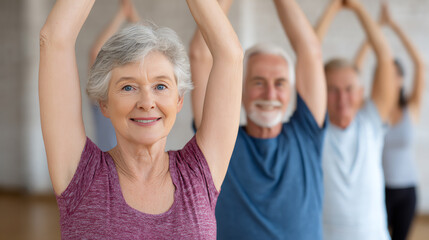 A joyful senior group engaging in a yoga class, highlighting fitness and well-being for the elderly.