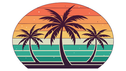 Obraz premium Retro-style oval illustration featuring silhouetted palm trees against a striped sunset/ocean backdrop in warm, vintage hues, evoking a relaxed tropical vibe.