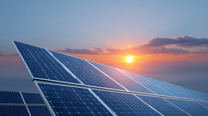 A stunning sunset behind solar panels, showcasing renewable energy and sustainable technology in harmony with nature.