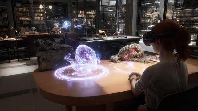 Person wearing virtual reality headset interacting with holographic creatures on a table.