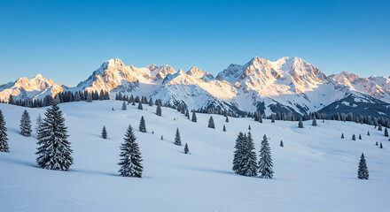 Snow covered pine trees on a mountain slope with sunlit peaks