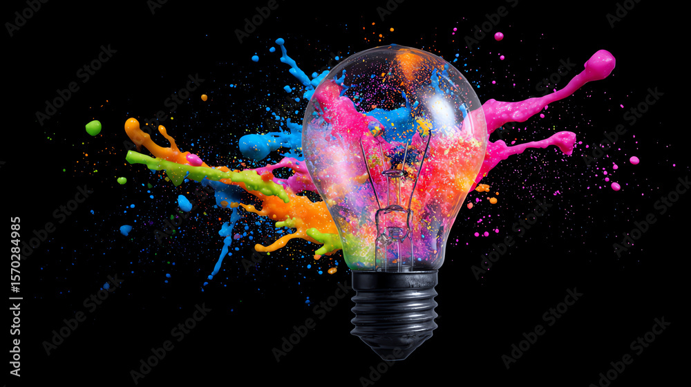 Poster a vibrant light bulb bursts with colorful paint splashes, symbolizing creativity and innovation in t
