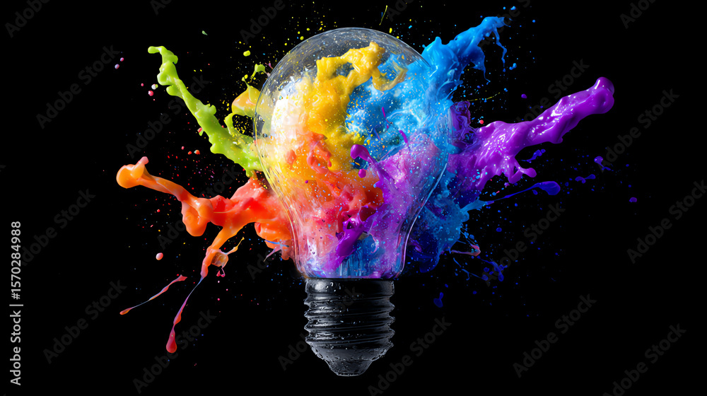 Poster A vibrant light bulb bursting with colorful splashes of paint, symbolizing creativity and innovation in modern technology.