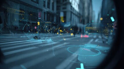 Urban cityscape with overlaid digital interface.