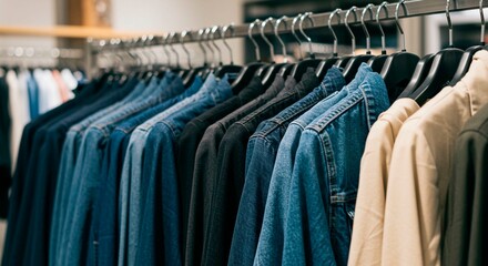 Obraz premium Clothes hanging on a rack in a store with various colors and textures shown