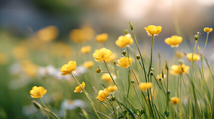 Fototapeta premium A vibrant field of yellow flowers swaying gently in the breeze, illuminated by soft sunlight, creating a serene and joyful atmosphere.