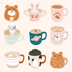 Cute animals enjoying drinks in whimsical cups.