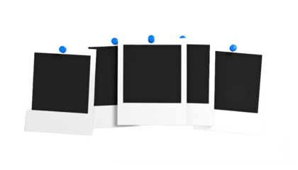 Arrangement Of Blank Photo Frames Displayed On A Dark Background With Blue Pins And White Border Isolated Transparent Background