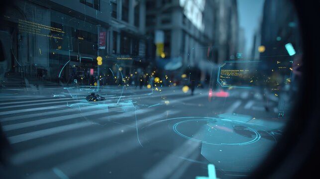 Urban cityscape with overlaid digital interface.
