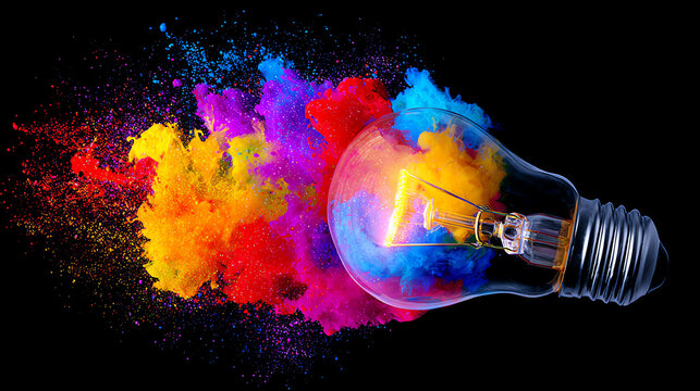A vibrant light bulb surrounded by colorful powder explosions, symbolizing creativity and innovation in technology.