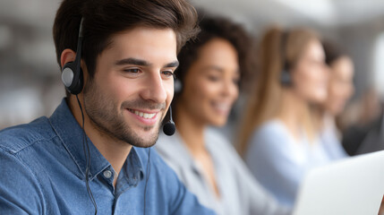 A young professional smiling while using a laptop in a busy call center, showcasing teamwork and communication skills.