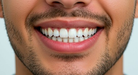 Close up of a smiling man showing his perfect white teeth and facial hair