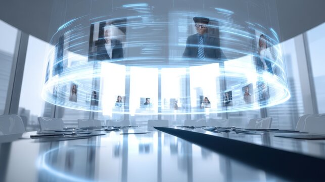 Holographic projection of multiple profiles displayed over a conference table.