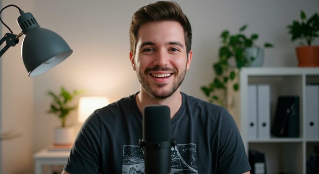 A smiling man with a microphone in a room with plants and a lamp nearby - Powered by Adobe