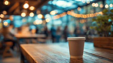 An elegant coffee cup sits on a wooden table in a vibrant cafe atmosphere, illuminated by soft lights and a cozy ambiance.