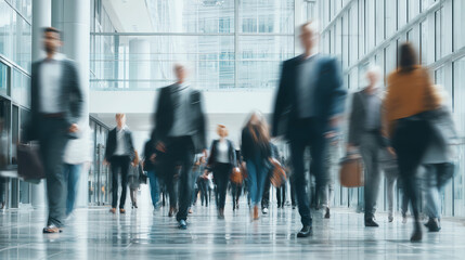 Blurred crowd of professionals moving swiftly through a modern office building, showcasing the hustle of corporate life.
