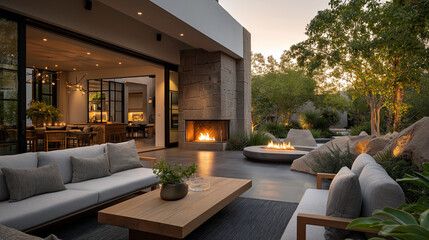 Evening Serenity at a Luxury Patio: Experience the ultimate in outdoor luxury with this inviting patio, designed for relaxation and entertaining, featuring a cozy fireplace and ambient lighting.