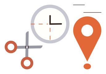 Clock, scissors, and location marker represent organization, planning, focus, and goal setting. Ideal for scheduling, time management, productivity teamwork strategy action plans simple flat