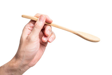 Male hand holding a wooden spoon isolated on white background.