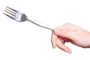 Female hand holding a black plastic fork isolated on white background.