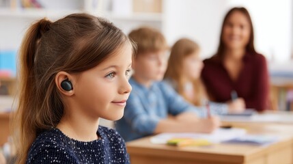 Fototapeta premium Focused young girl in a classroom wearing earbuds.