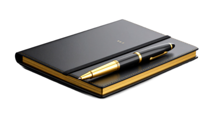 Black Leather Notebook And Gold Pen With Gold Details On Textured Surface Isolated Transparent Background