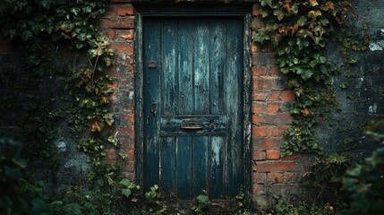 Weathered teal door and brick wall with greenery