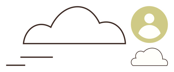 Large outline cloud, smaller cloud, and user profile icon in muted tones. Ideal for technology, cloud computing, data storage, networking, internet digital access and online interaction. Simple