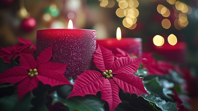 A red candle is lit on a table with a red poinsettia leaf