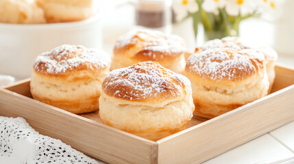 Freshly baked scones dusted with powdered sugar on a wooden tray, perfect for a delightful afternoon tea or breakfast treat.