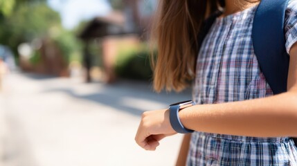 Close-up of a girl checking the time on her wristwatch.