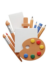 3D Art Studio Still Life with Palette Brushes Pencils on Transparent