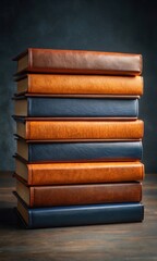 Stack of elegant leather bound books in warm brown and deep blue colors